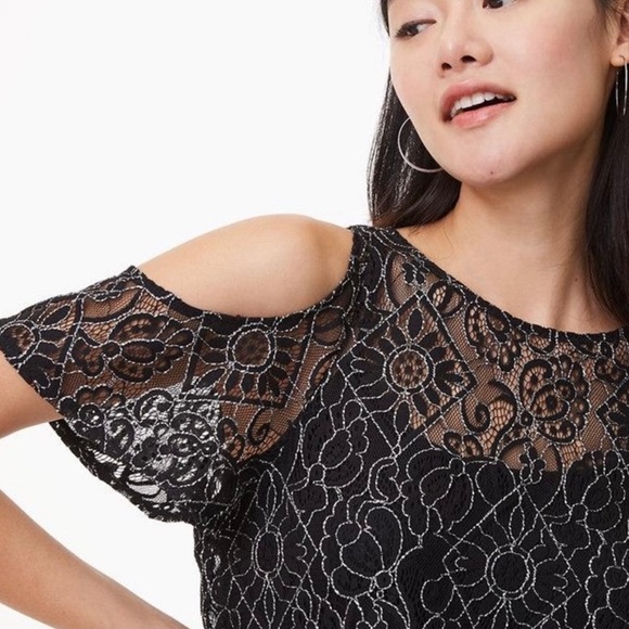 Loft Black & White Lace Cold Shoulder Top - Picture 1 of 6
